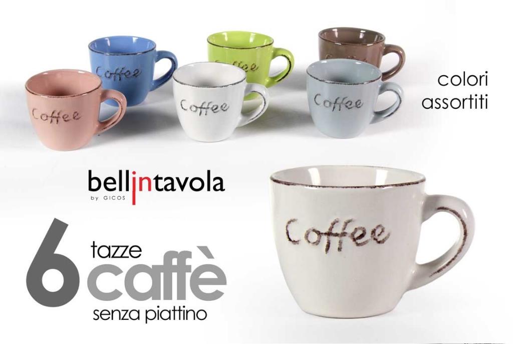 TAZZE TAZZINE CAFFE' COLORATE IN PORCELLANA SET 6 PZ. SENZA PIATTINI Ø  6,5x6,5 h