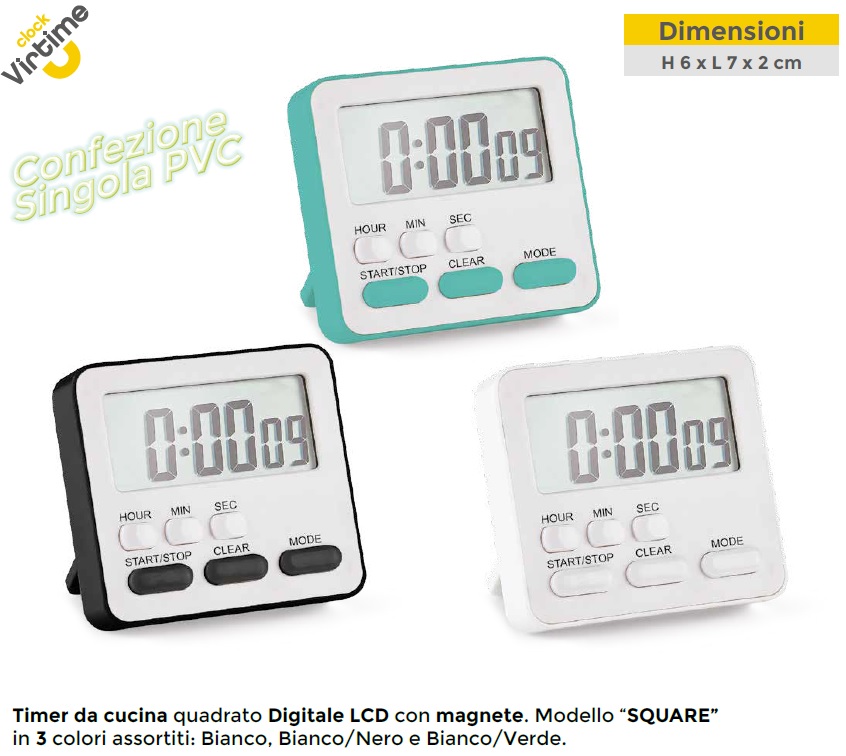 Timer da Cucina Digitale Square Magnetico Display LCD 3 Colori Virtime –