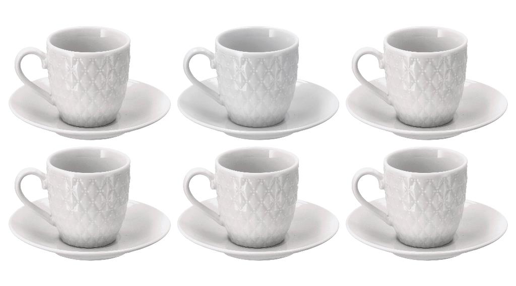 Set 6 Tazzone Tazze da Caffè in Porcellana Bianca con Piattino Decorata –
